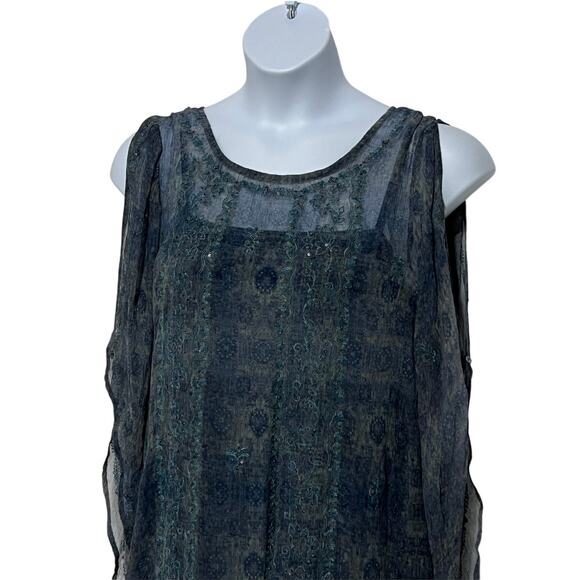 Sundance Womens 16 2-pc Midi Slip Dress Sheer Overlay Embroidered Sequin Blue - Picture 4 of 14
